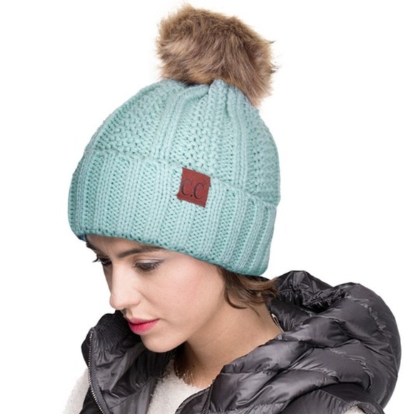 Accessories - Beanie Fleece Lining Thick Pom Cable Knit Mint